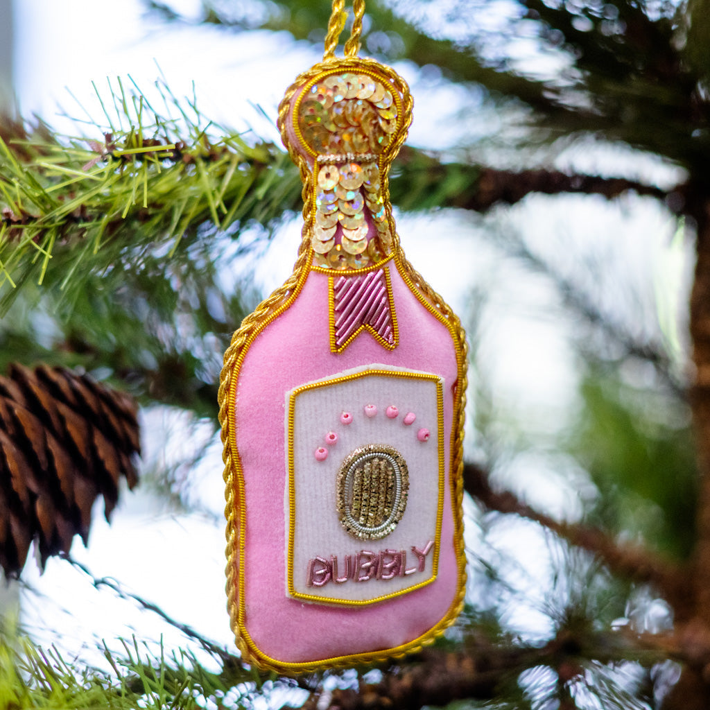 Pink Velvet Champagne Bottle Ornament Branches Designs