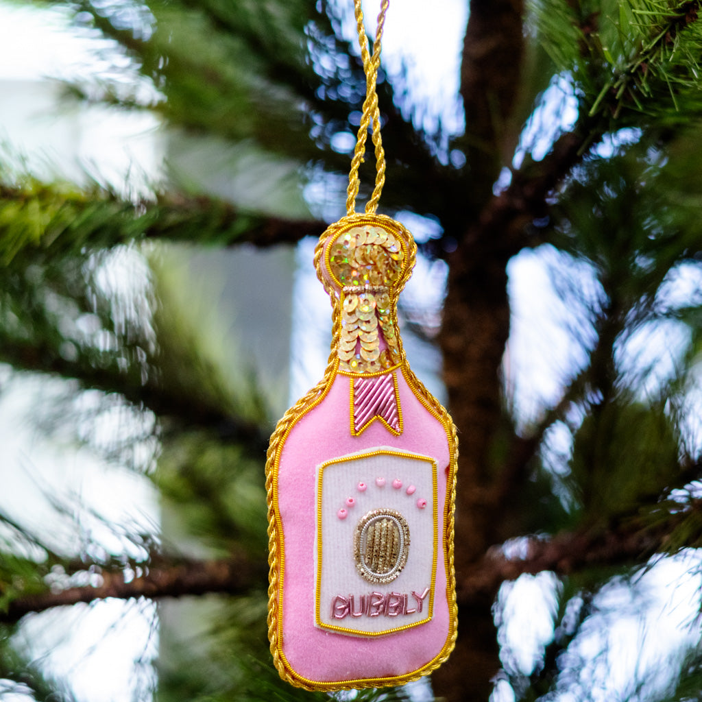 Pink Velvet Champagne Bottle Ornament Branches Designs