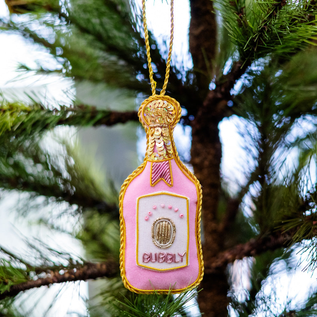 Pink Velvet Champagne Bottle Ornament Branches Designs