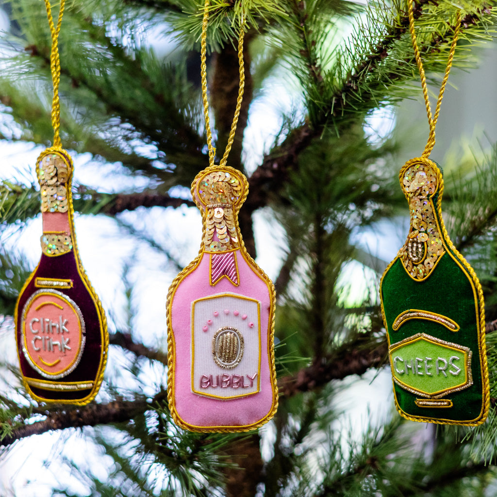 Pink Velvet Champagne Bottle Ornament Branches Designs