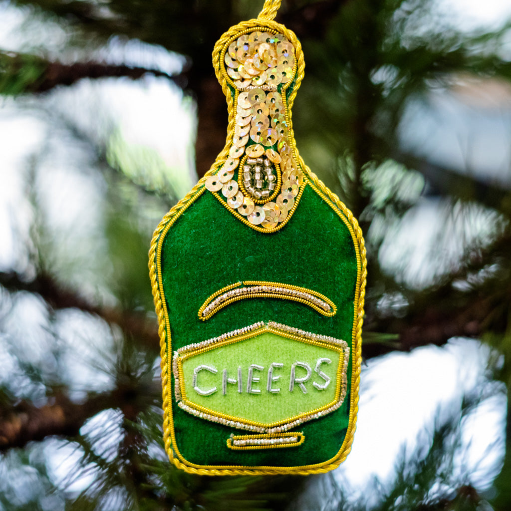 Green Velvet Champagne Bottle Ornament Branches Designs