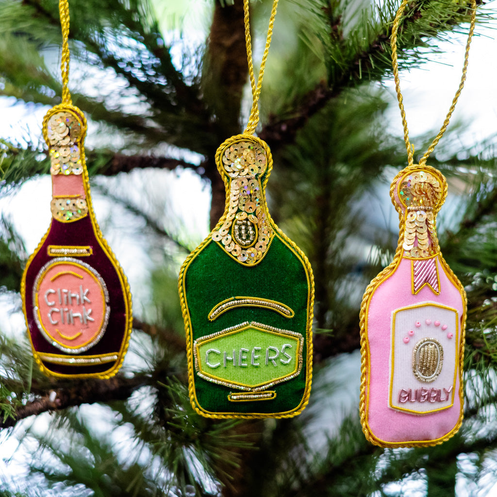 Green Velvet Champagne Bottle Ornament Branches Designs