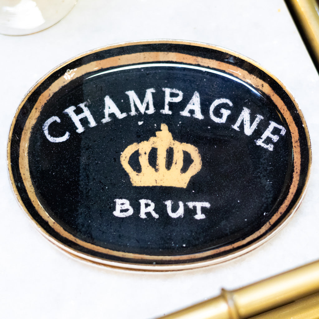 Black Enameled Metal Tray "Champagne Brut" Branches Designs