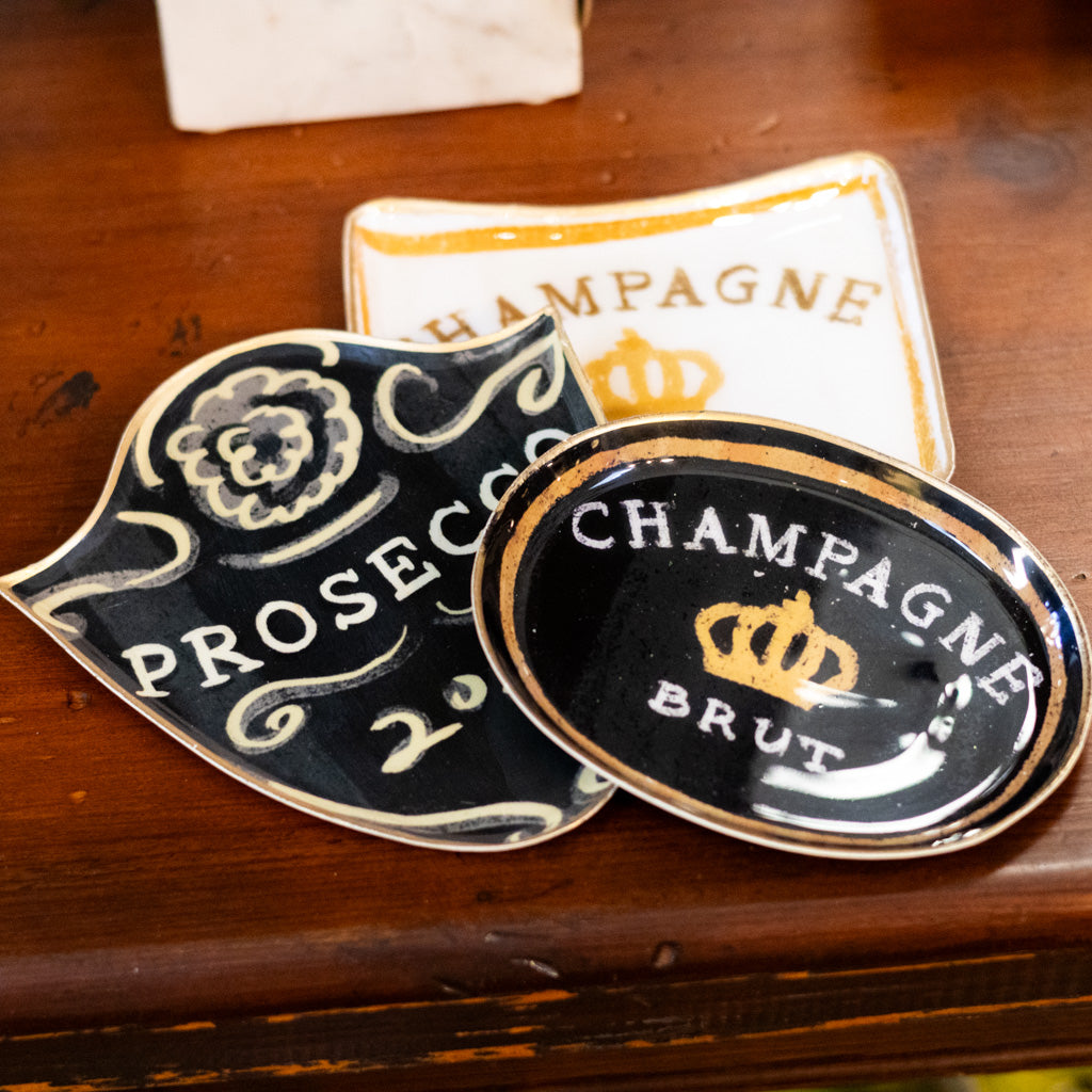 Black Enameled Metal Tray "Champagne Brut" Branches Designs