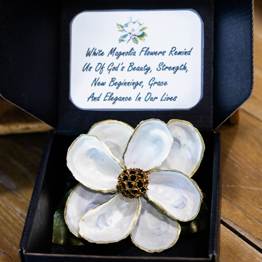 White Oyster Shell Magnolia Flower in Gift Box White Branches Designs