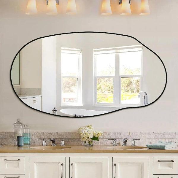 Irregular Wall Mirror, Black Asymmetrical Bathroom Mirror, Oval Aesthetic Mirror, Full Length Mirror, Shatterproof Black Bathroom Mirrors MIRRORONS