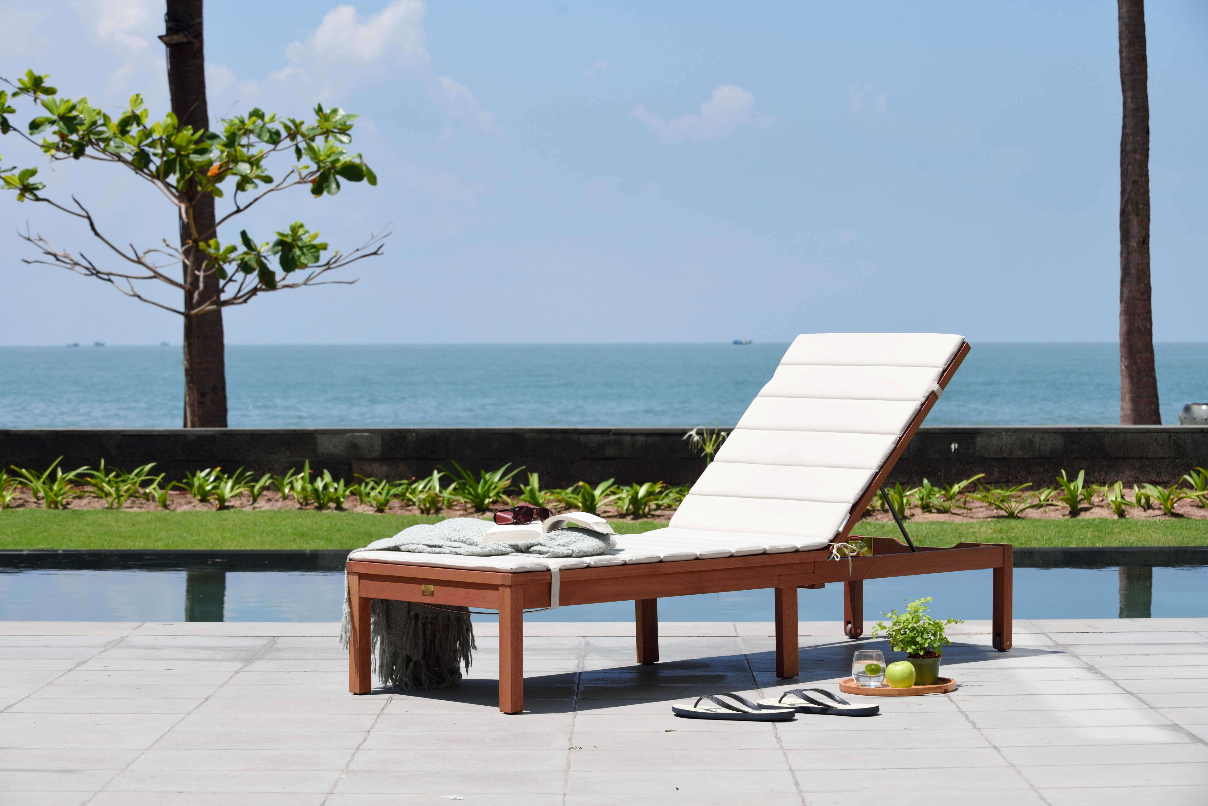 Louisiana Dark Wood Finish Wheel Lounger With Cushion - 2 Piece LifestyleGarden US