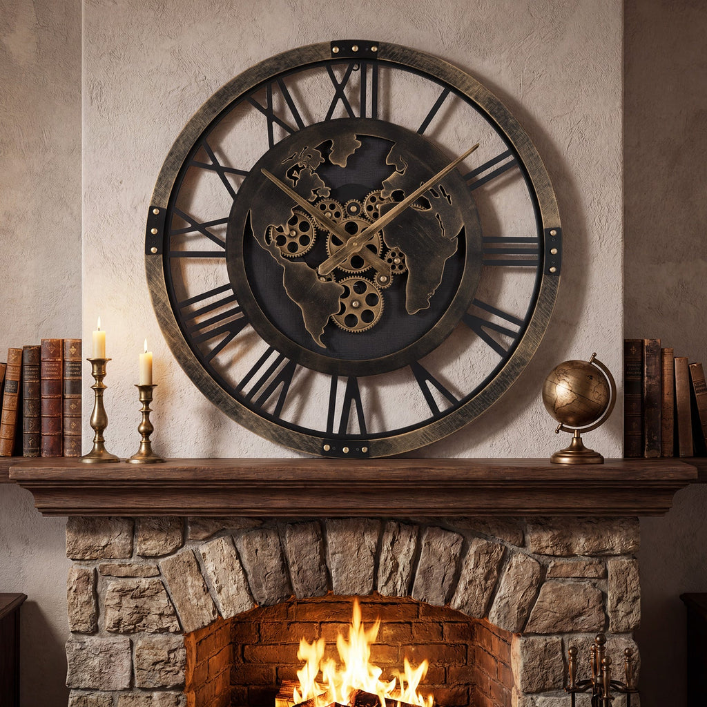 Large Wall Clock 27" Gear Clock with World Map-Brown DirectDeals