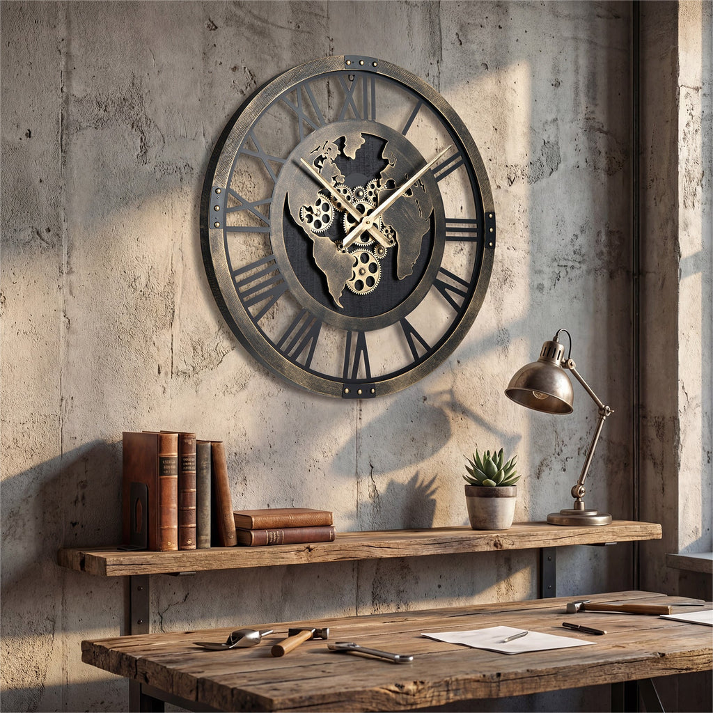 Large Wall Clock 27" Gear Clock with World Map-Brown DirectDeals