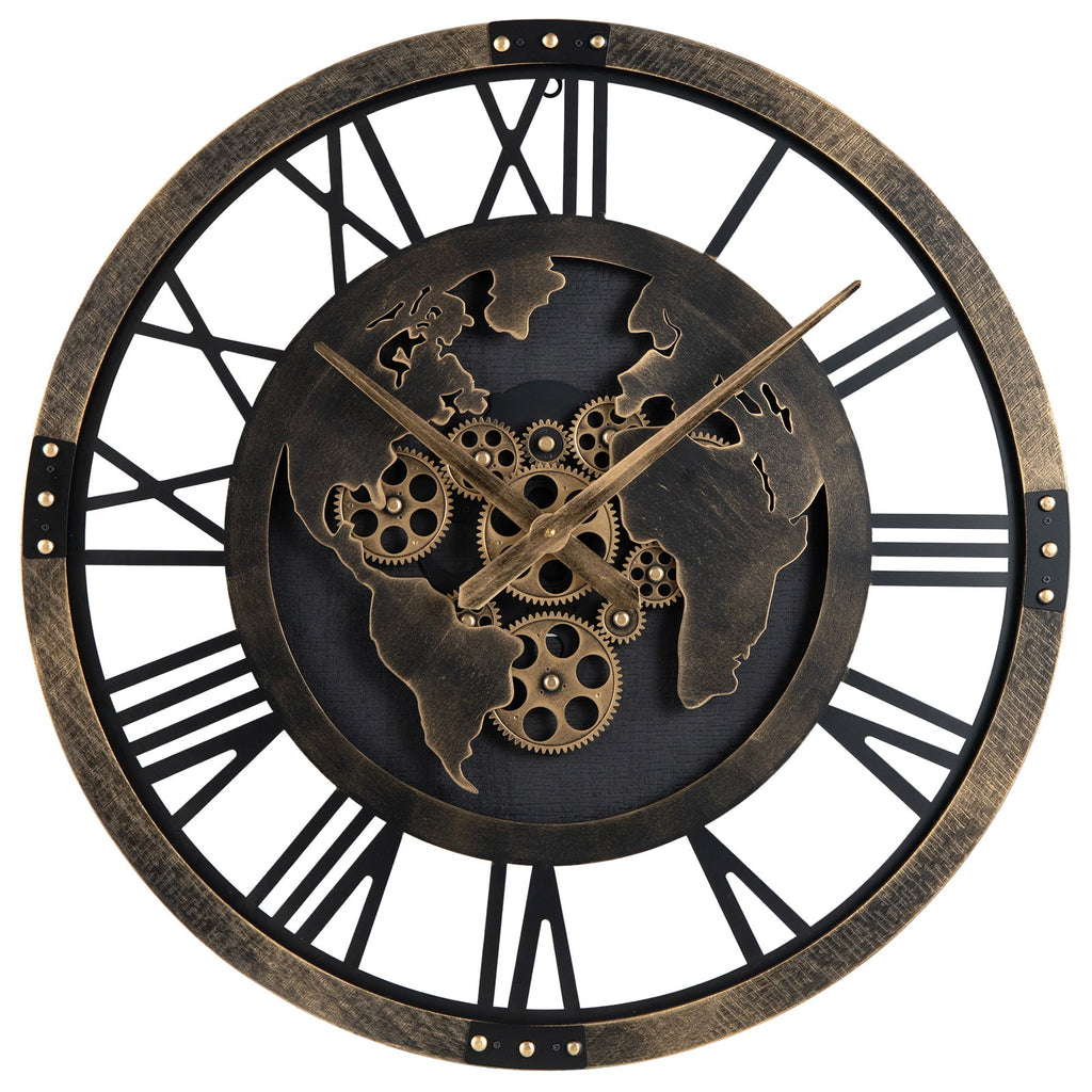 Large Wall Clock 27" Gear Clock with World Map-Brown DirectDeals
