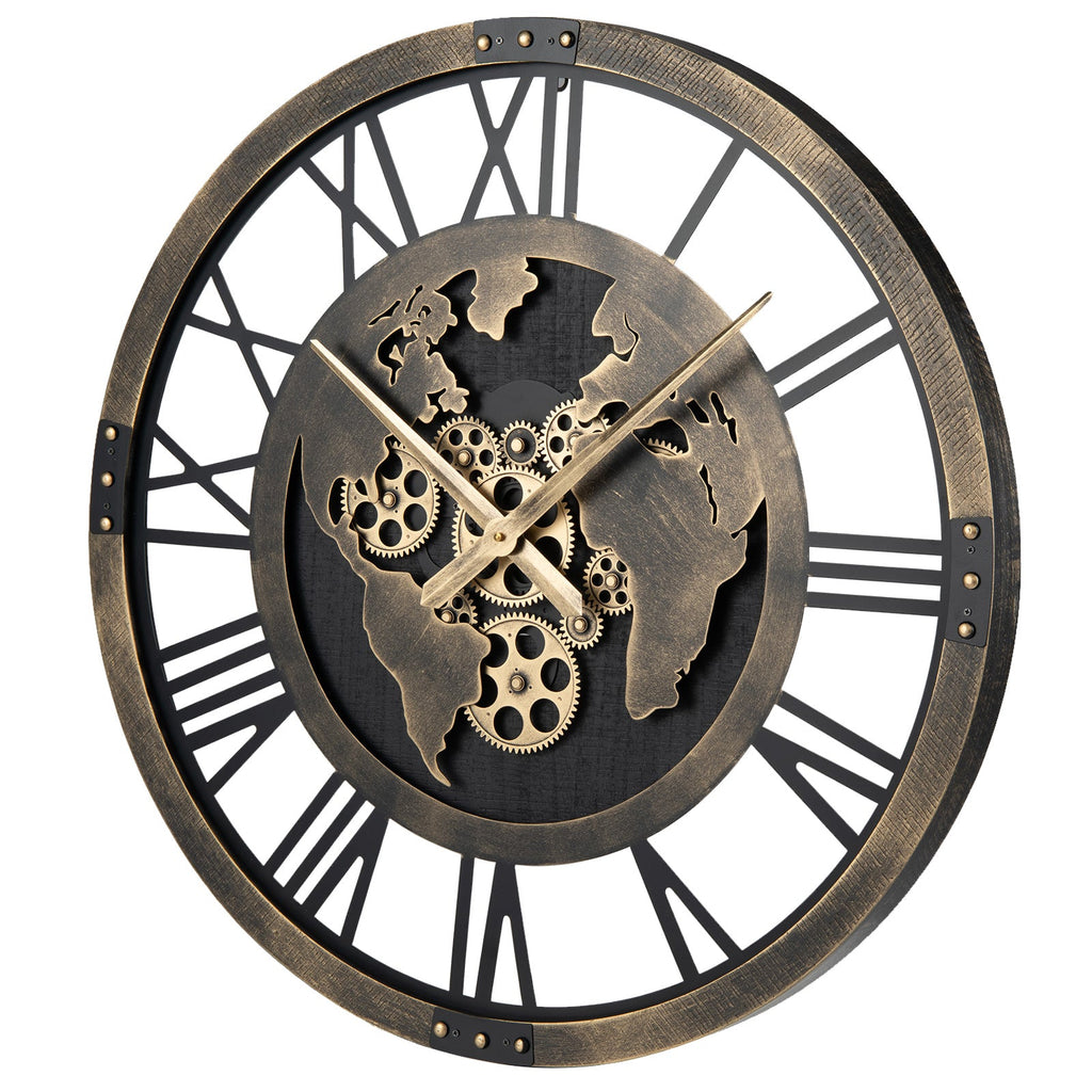 Large Wall Clock 27" Gear Clock with World Map-Brown DirectDeals