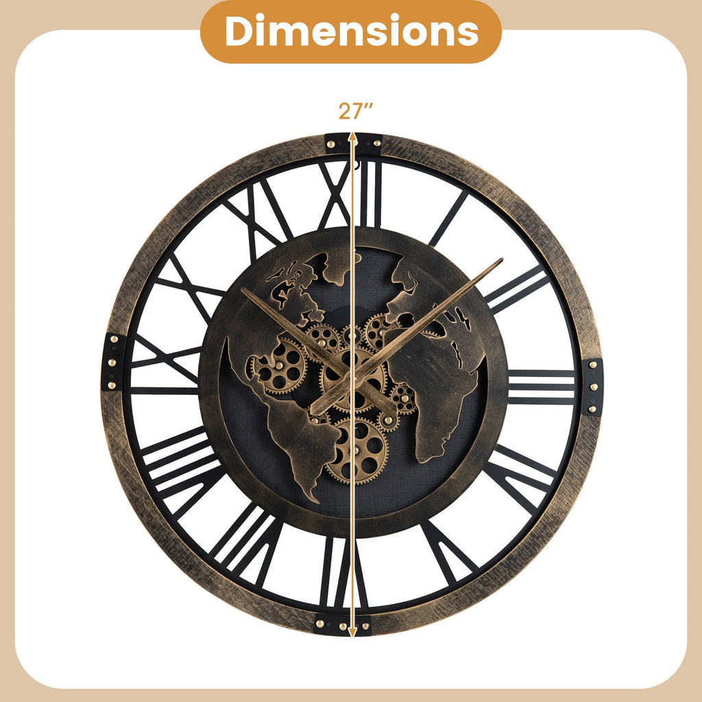 Large Wall Clock 27" Gear Clock with World Map-Brown DirectDeals