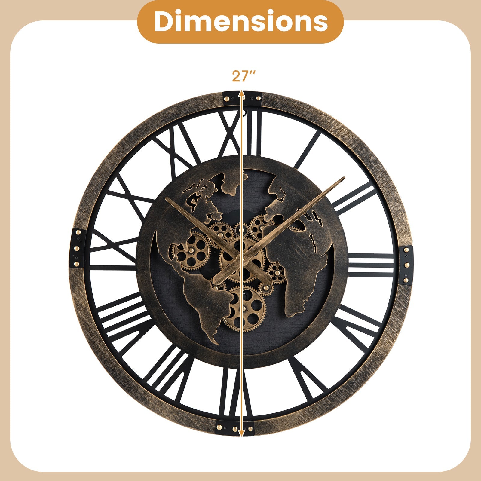 Large Wall Clock 27" Gear Clock with World Map-Brown DirectDeals