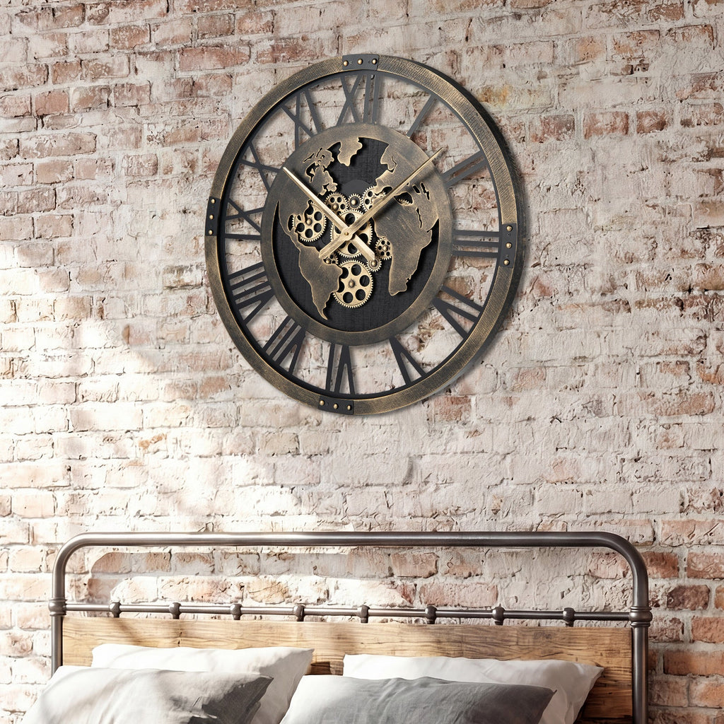 Large Wall Clock 27" Gear Clock with World Map-Brown DirectDeals