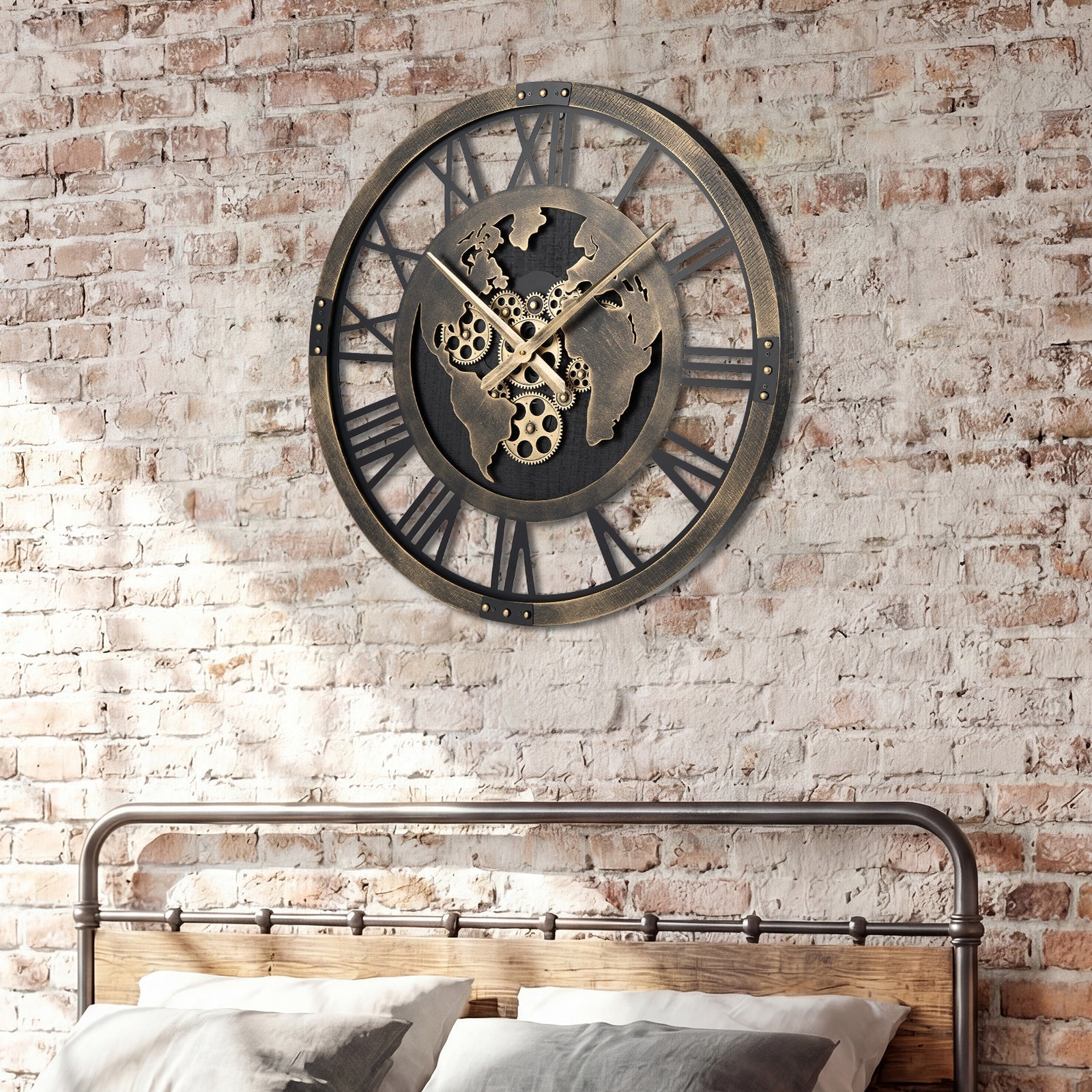 Large Wall Clock 27" Gear Clock with World Map-Brown DirectDeals