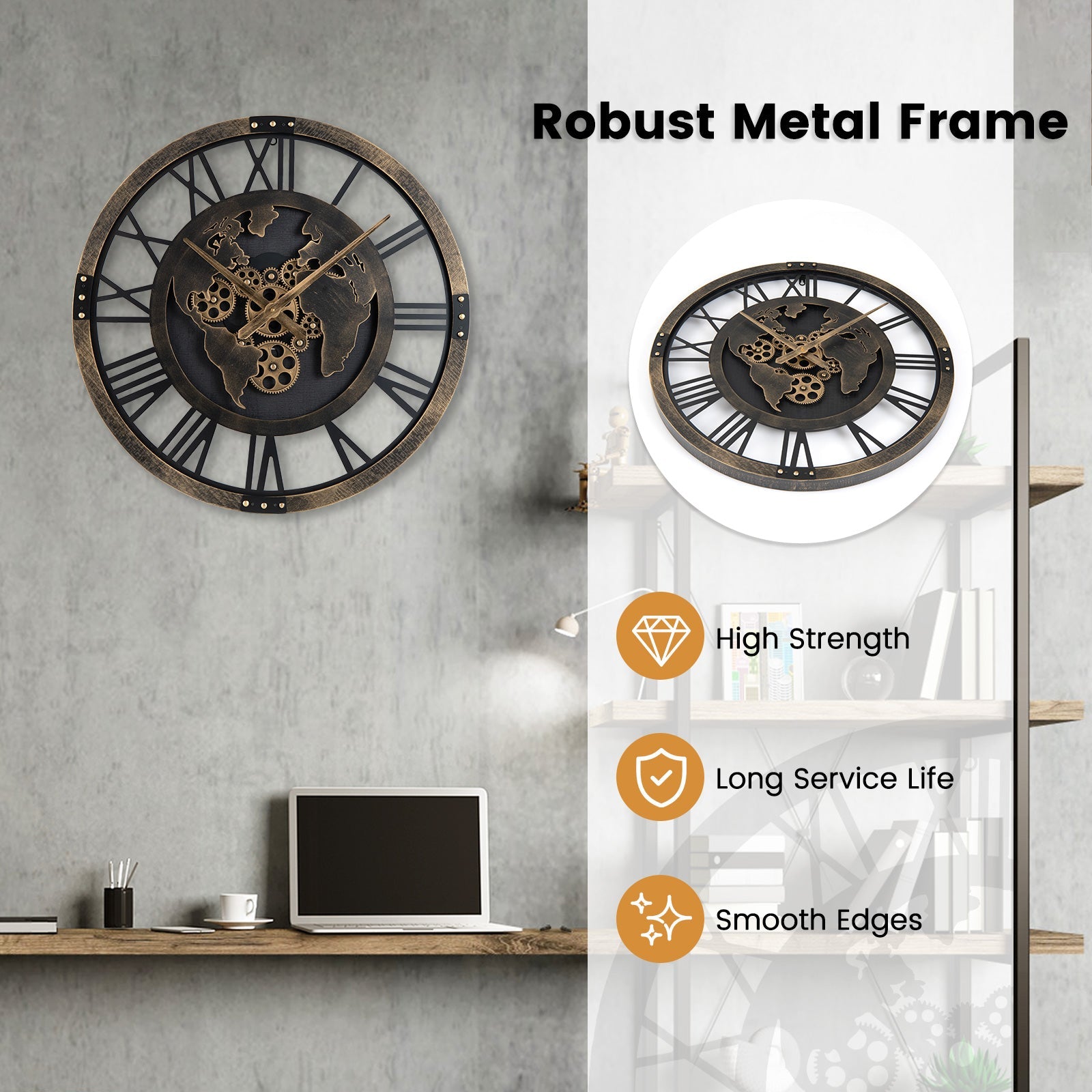 Large Wall Clock 27" Gear Clock with World Map-Brown DirectDeals