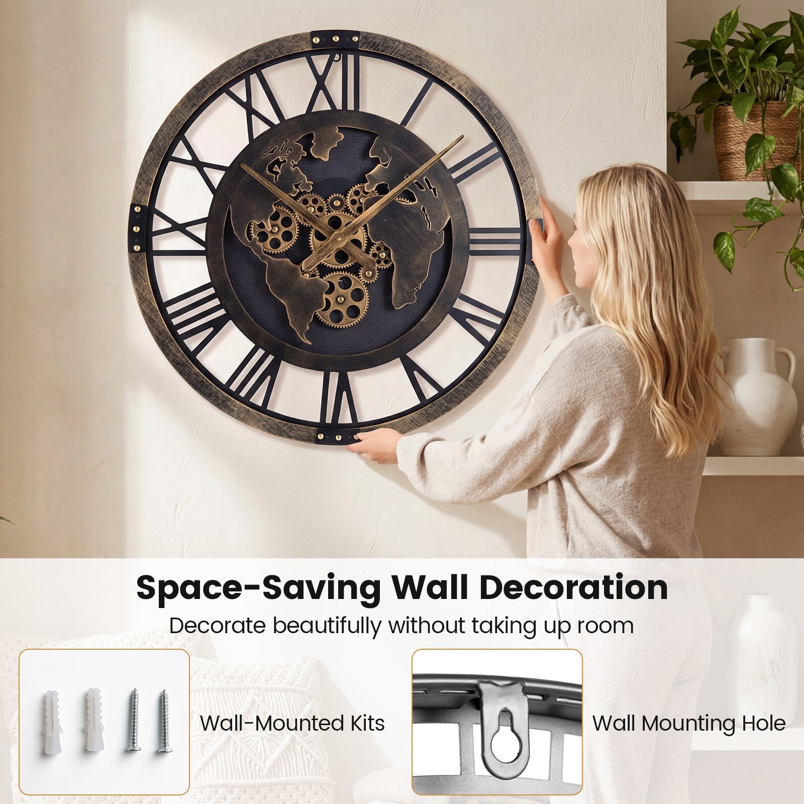 Large Wall Clock 27" Gear Clock with World Map-Brown DirectDeals