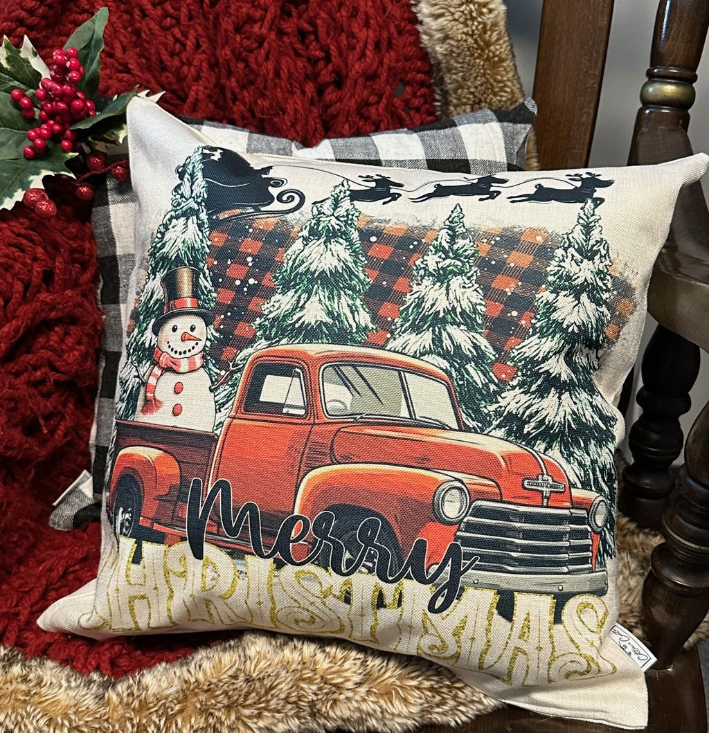 Merry Christmas with red truck Pillow Cover — Fits 18x18 Insert Cotton and Crate