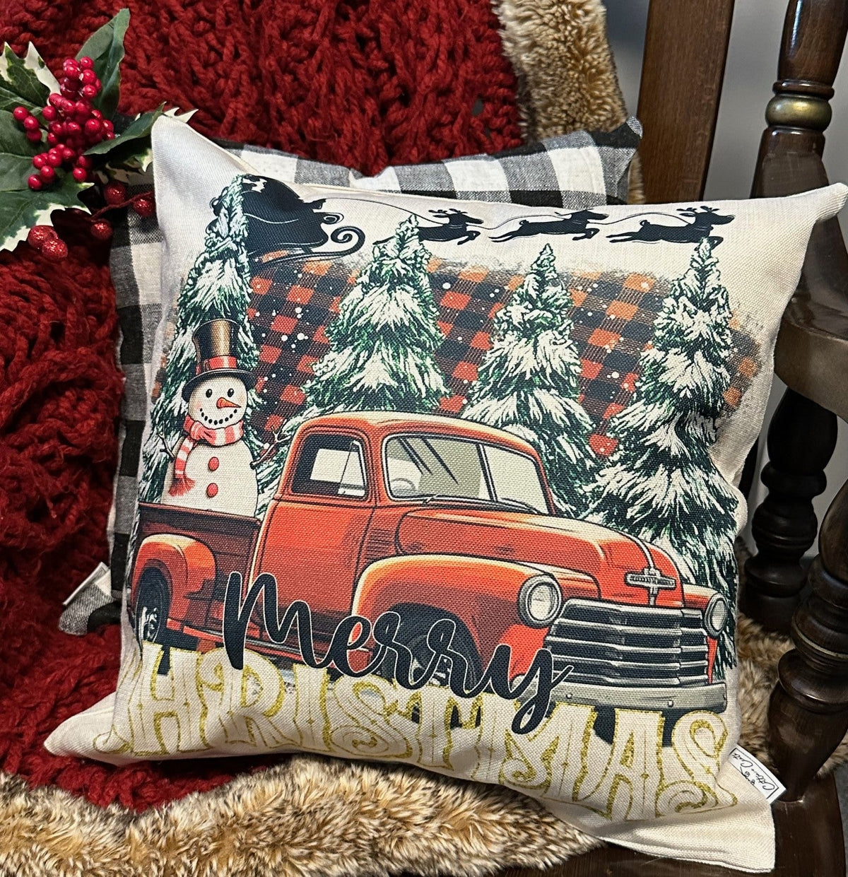 Merry Christmas with red truck Pillow Cover — Fits 18x18 Insert Cotton and Crate