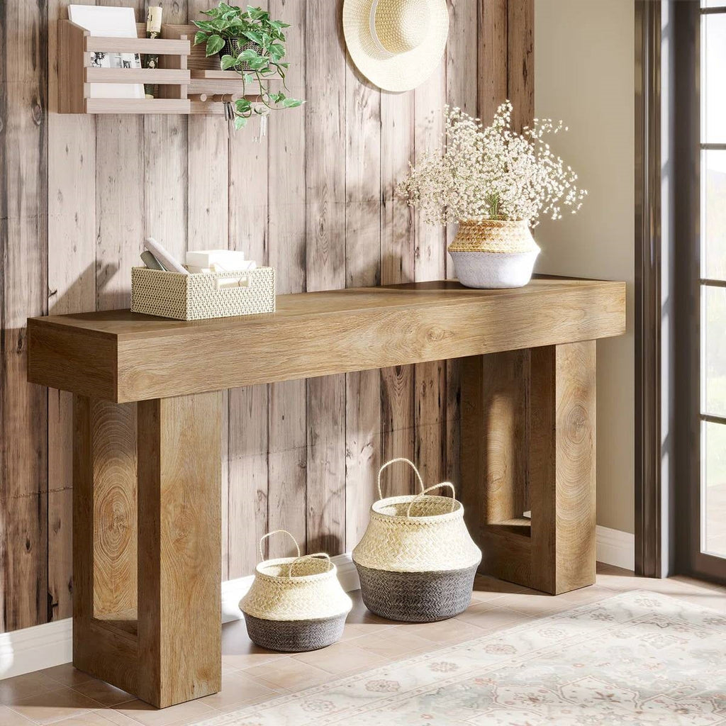 Modern Farmhouse 63-inch Long Narrow Console Sofa Table in Natural Wood Finish HomePacific