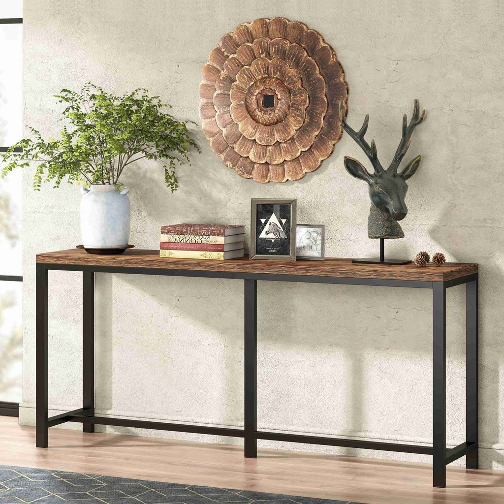 70-inch Long Narrow Hallway Sofa Table with Wood Top and Black Metal Frame HomePacific
