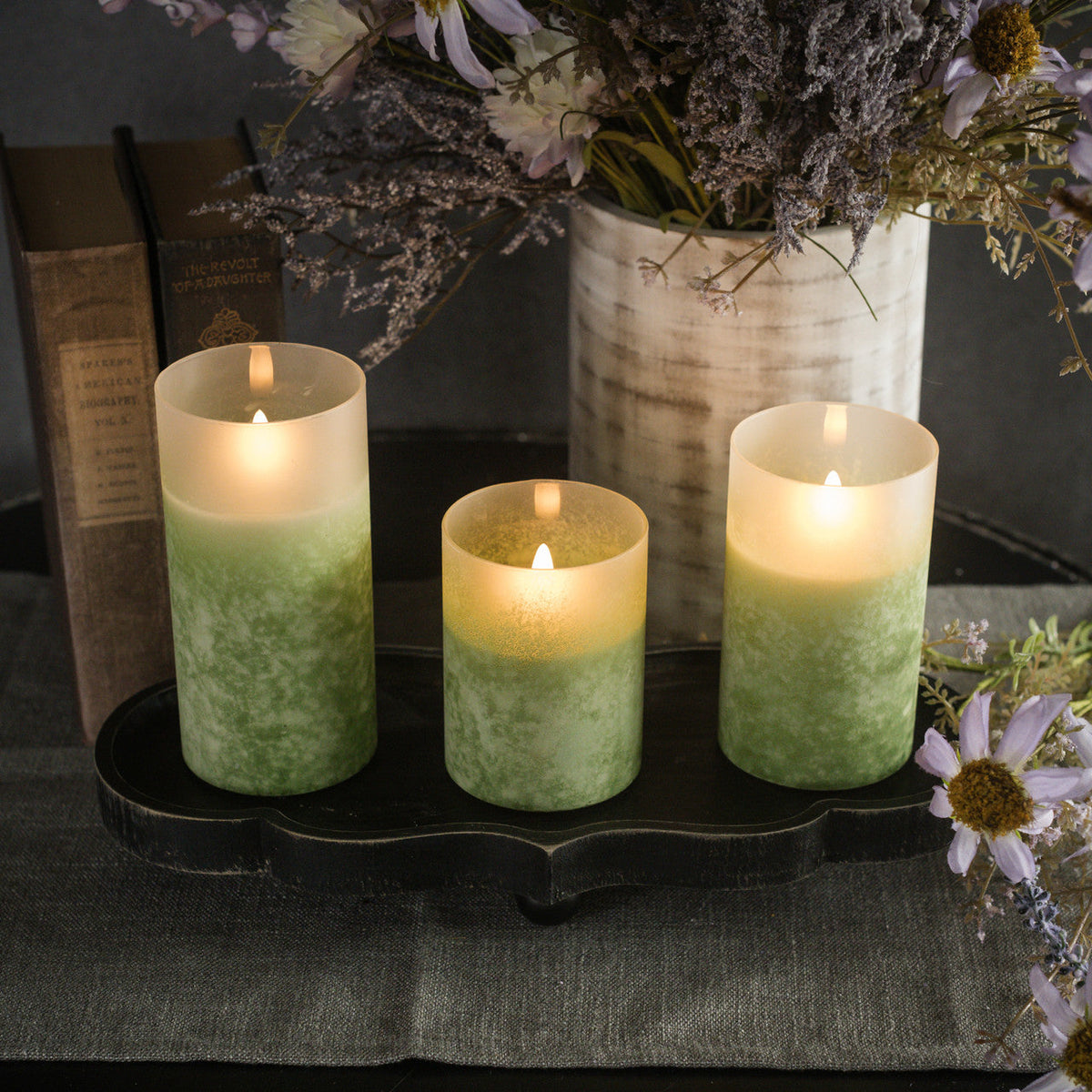 Green Frosted Glass LED Flickering Flame Candle | 3 Sizes Rust & Cinder