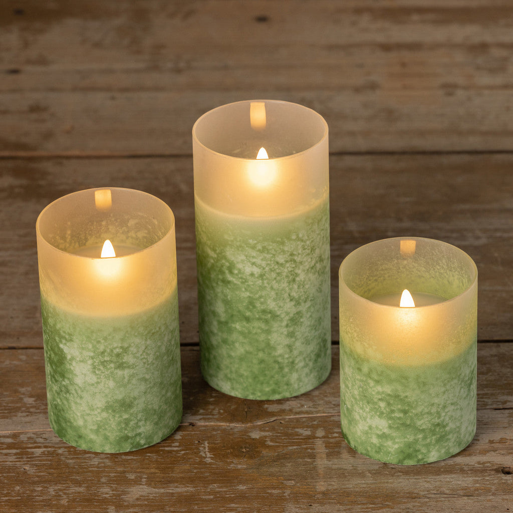 Green Frosted Glass LED Flickering Flame Candle | 3 Sizes Rust & Cinder