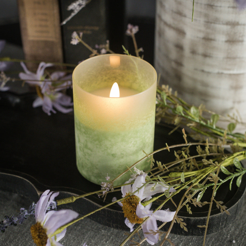 Green Frosted Glass LED Flickering Flame Candle | 3 Sizes Rust & Cinder