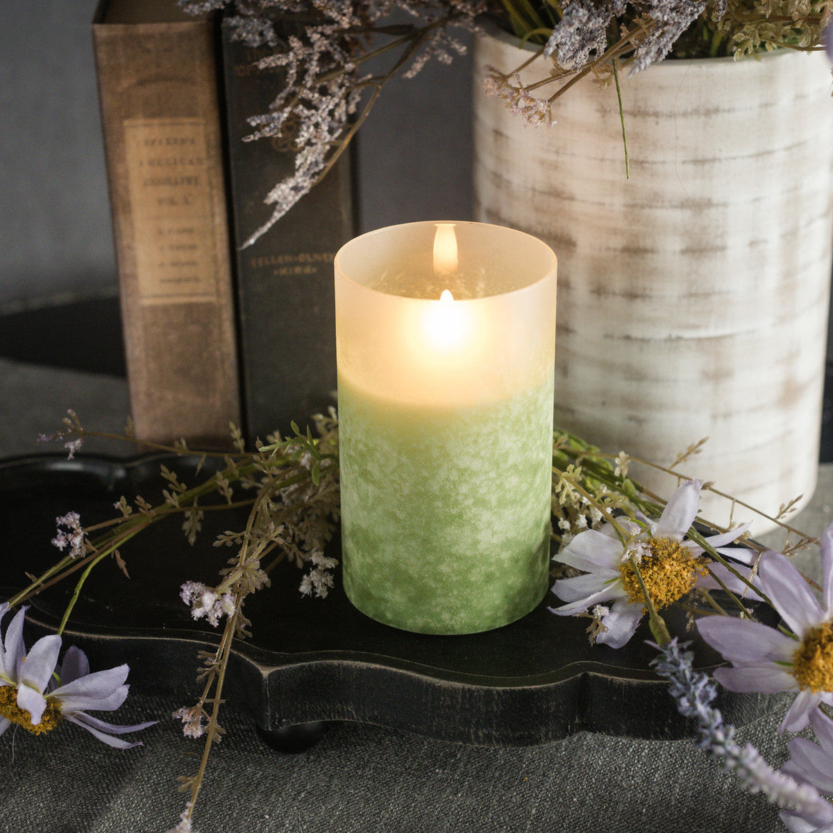 Green Frosted Glass LED Flickering Flame Candle | 3 Sizes Rust & Cinder