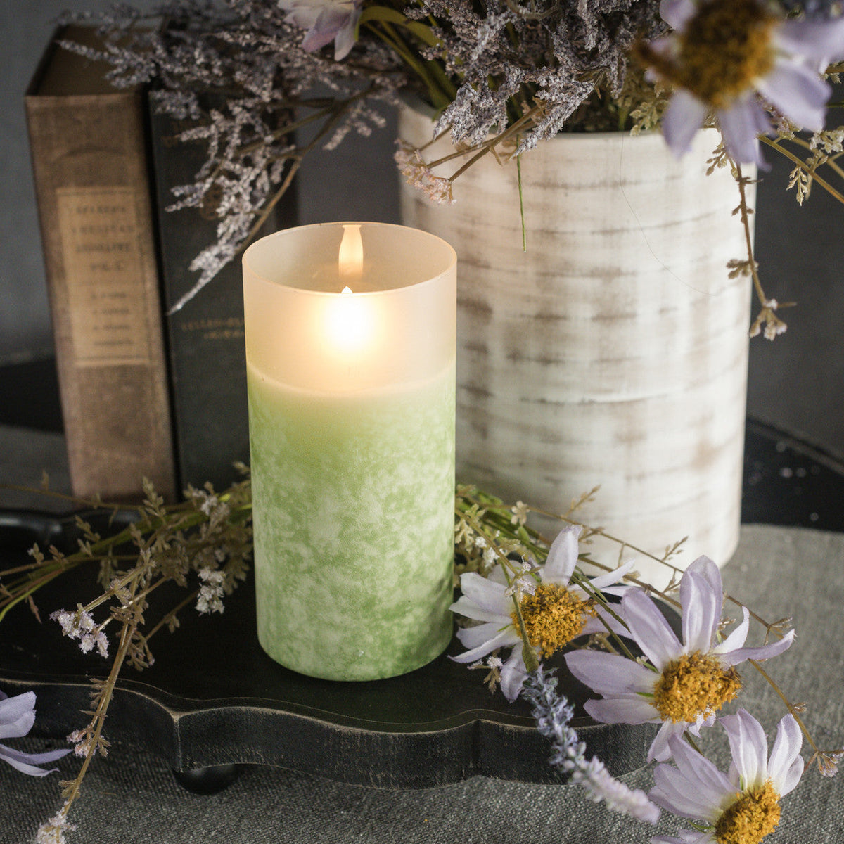 Green Frosted Glass LED Flickering Flame Candle | 3 Sizes Rust & Cinder