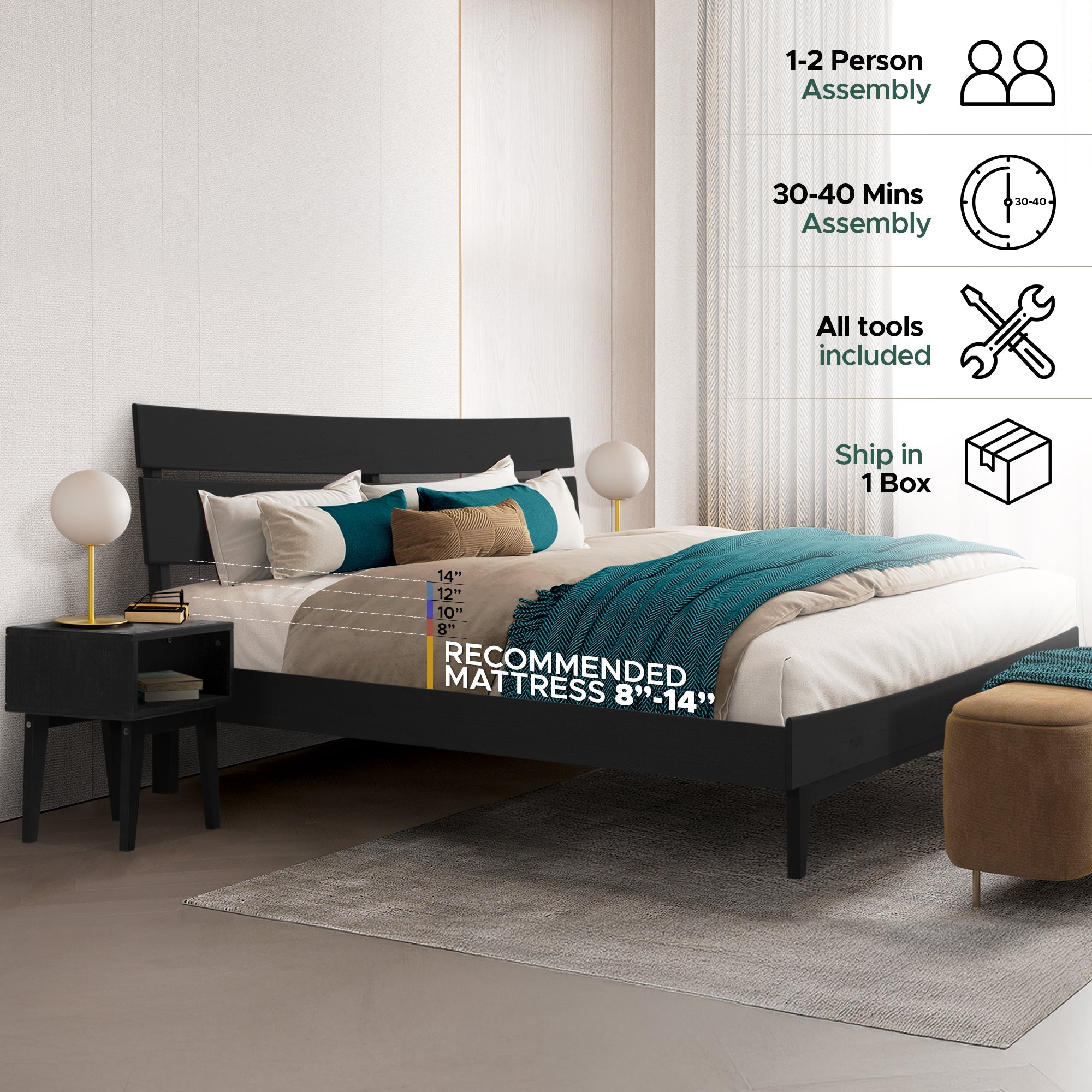 [Buy 1 Get 1] Aurora Solid Wood Bed Frame & Nightstand Megsu