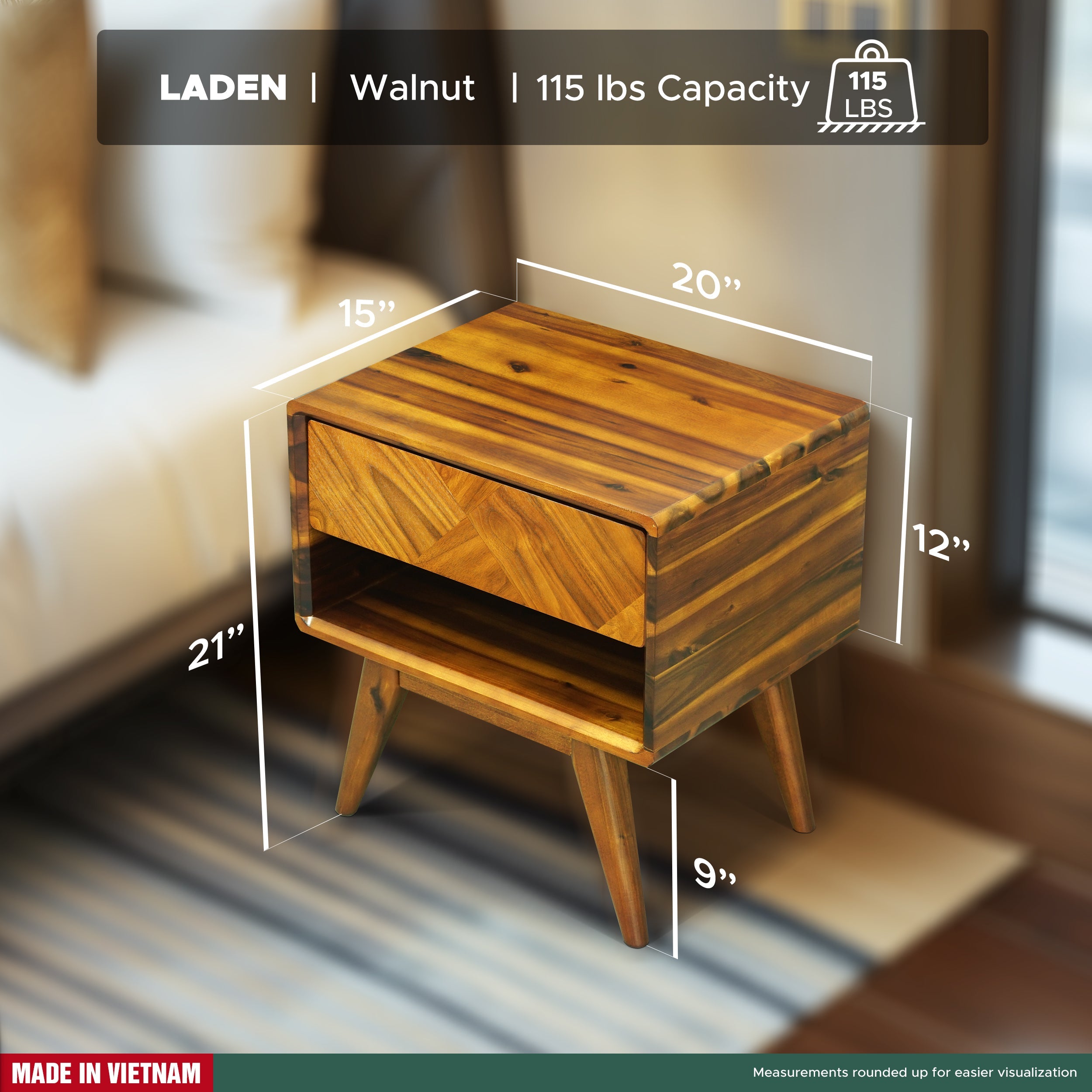 Laden Handcrafted Solid Wood Nightstand Megsu