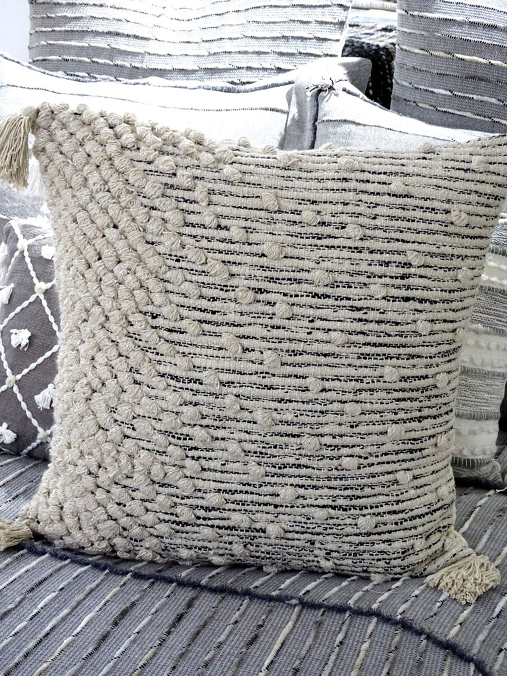 Throw Pillow Cover Beige Woven 20" X 20" with Insert Vibhsa