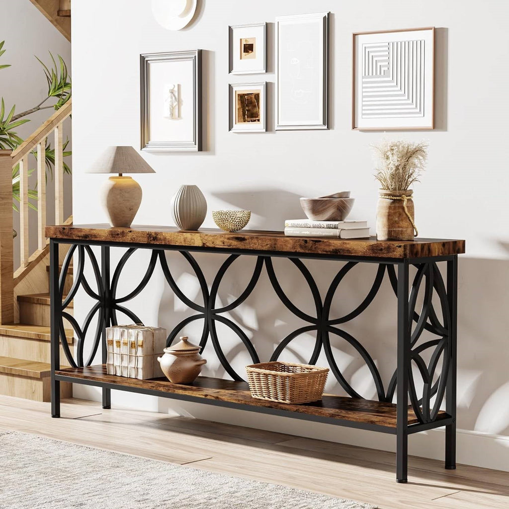 Modern 70-inch Long Narrow Console Sofa Table with Brown Wood Top and Shelf HomePacific