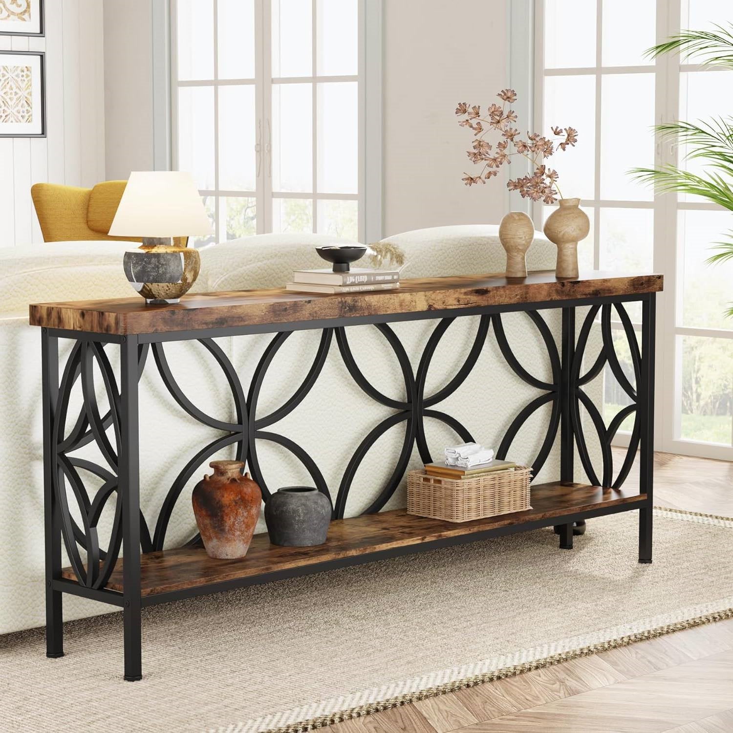 Modern 70-inch Long Narrow Console Sofa Table with Brown Wood Top and Shelf HomePacific