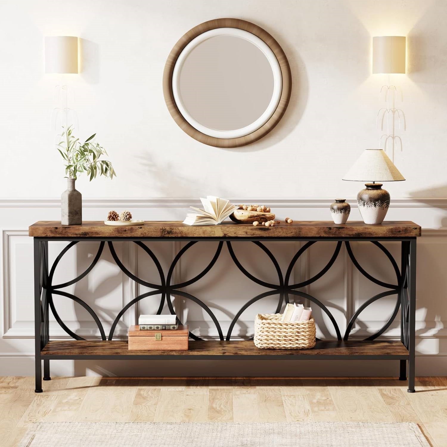 Modern 70-inch Long Narrow Console Sofa Table with Brown Wood Top and Shelf HomePacific