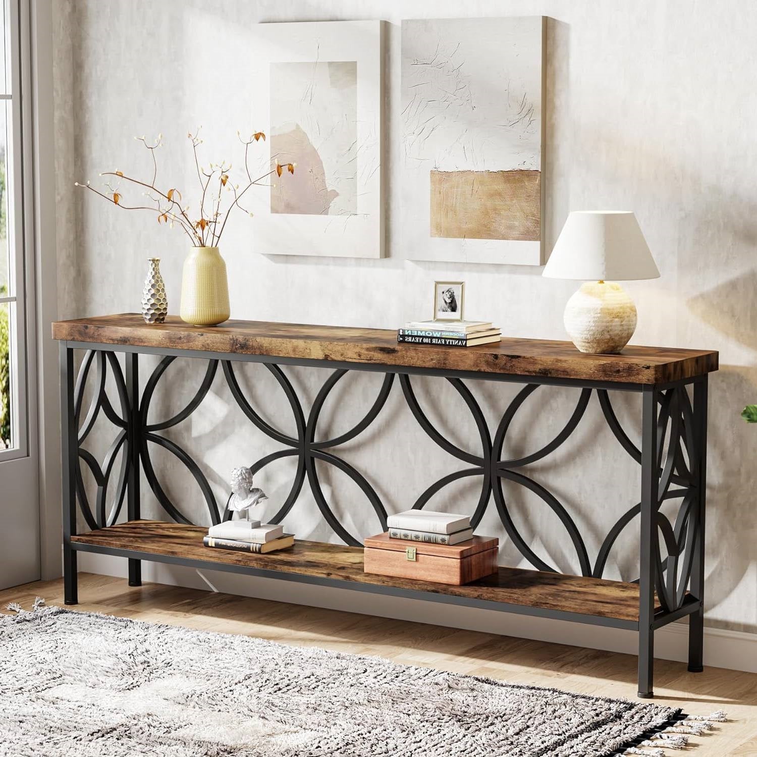 Modern 70-inch Long Narrow Console Sofa Table with Brown Wood Top and Shelf HomePacific