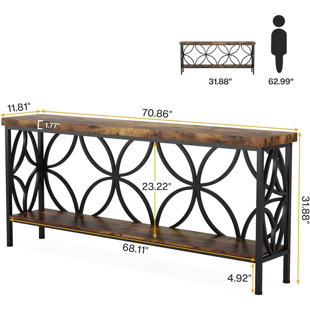 Modern 70-inch Long Narrow Console Sofa Table with Brown Wood Top and Shelf HomePacific