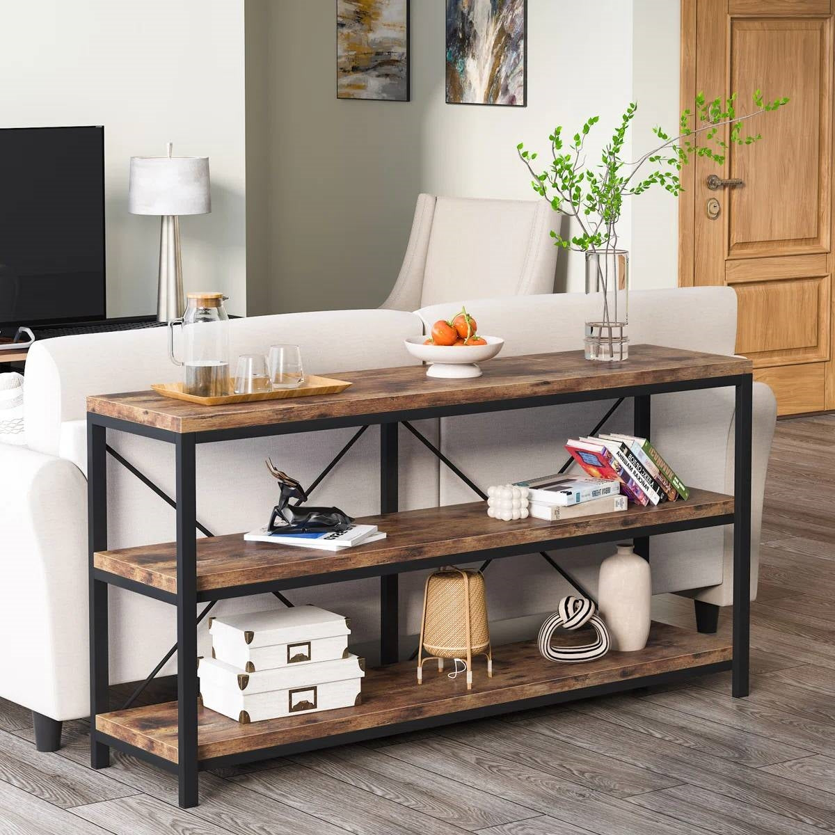 Industrial 55-inch Wood Shelf Console Sofa Table with Sturdy Black Metal Frame HomePacific