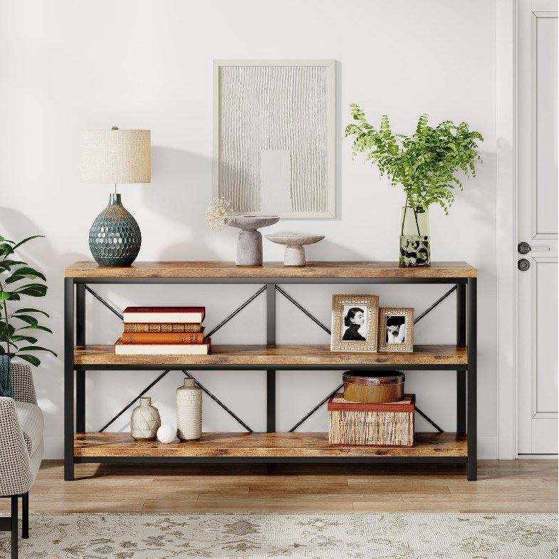 Industrial 55-inch Wood Shelf Console Sofa Table with Sturdy Black Metal Frame HomePacific