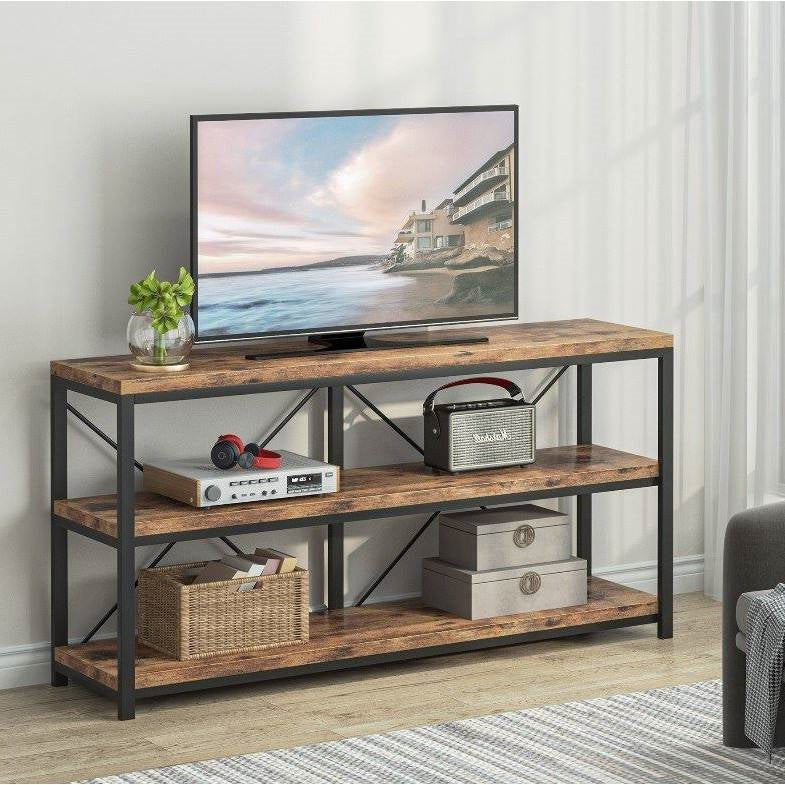 Industrial 55-inch Wood Shelf Console Sofa Table with Sturdy Black Metal Frame HomePacific