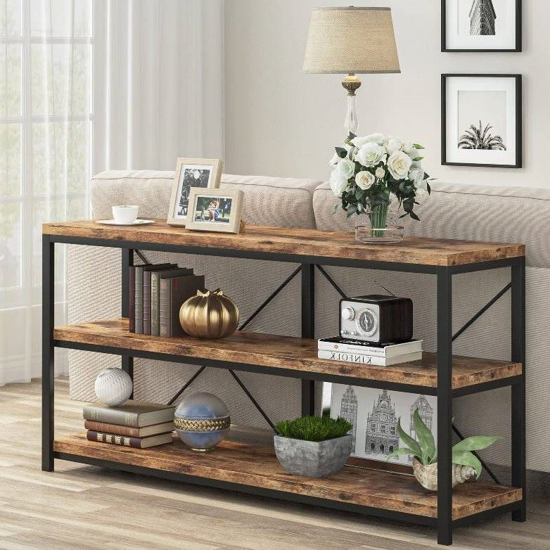 Industrial 55-inch Wood Shelf Console Sofa Table with Sturdy Black Metal Frame HomePacific