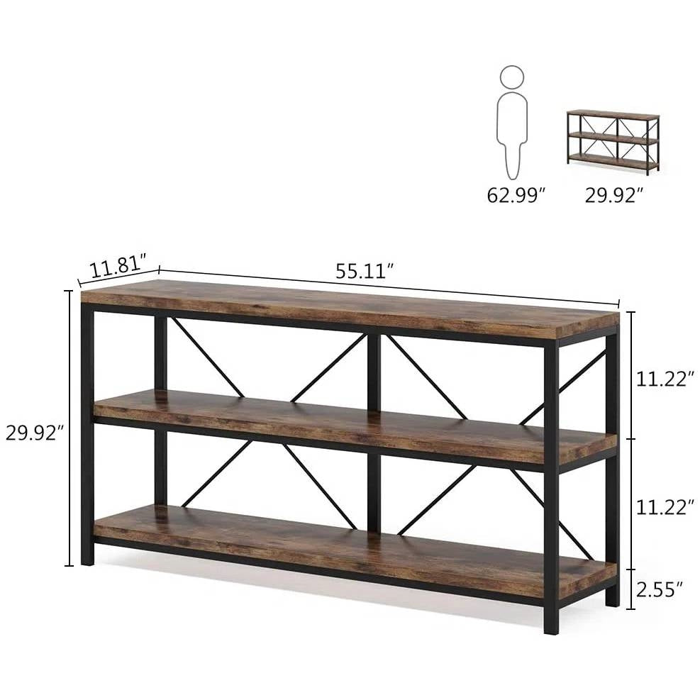 Industrial 55-inch Wood Shelf Console Sofa Table with Sturdy Black Metal Frame HomePacific