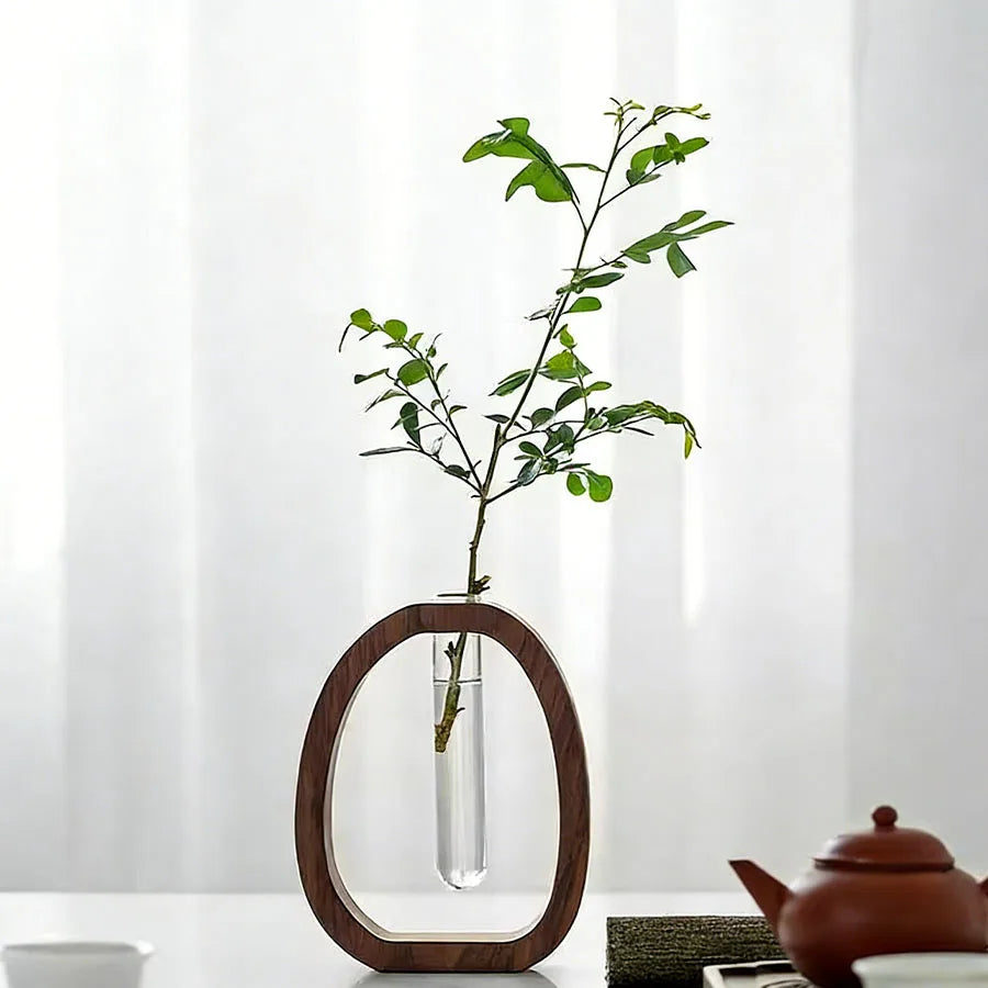 Walnut Wood Glass Hydroponic Vase DECORBITES