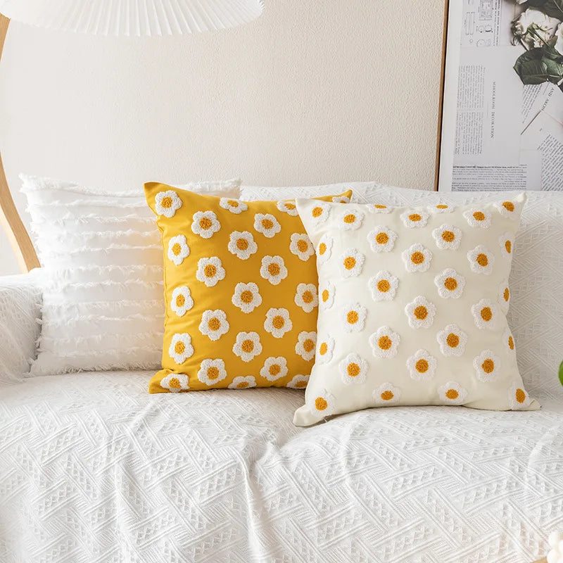 DecorBites™ Daisy Floral Embroidery Pillow Cover 45x45cm/30x50cm White Blooms Cozy Soft Décor