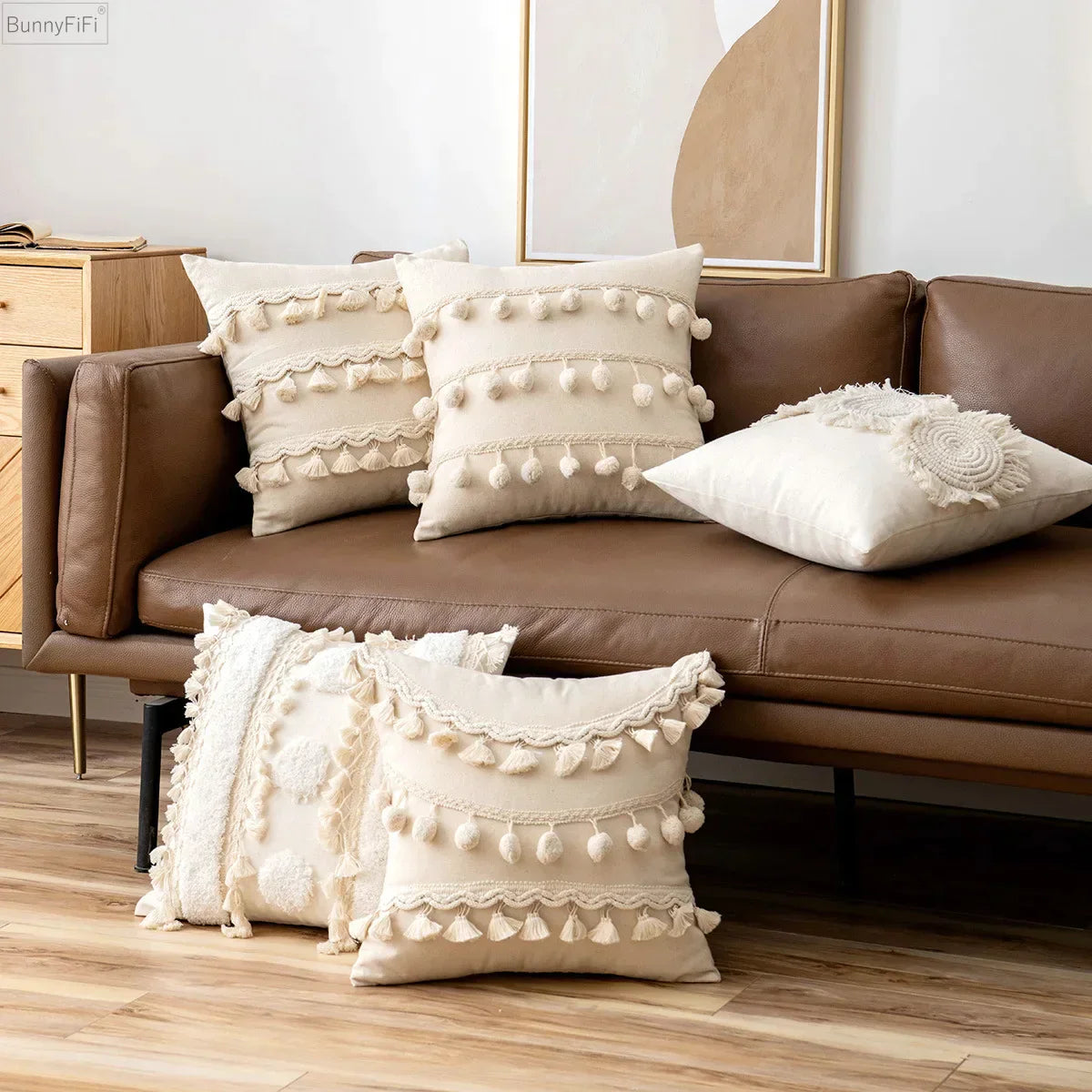DecorBites™ Ivory Pompom Tassel Pillow Cover 45x45cm/30x50cm Home Decor Sofa Seasonable