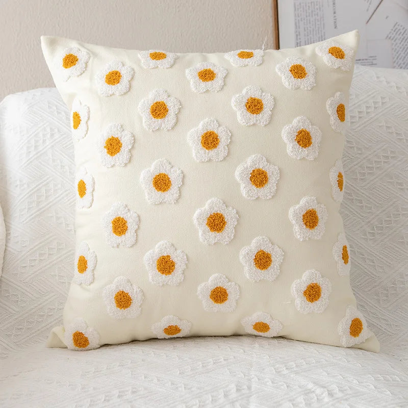 DecorBites™ Daisy Floral Embroidery Pillow Cover 45x45cm/30x50cm White Blooms Cozy Soft Décor