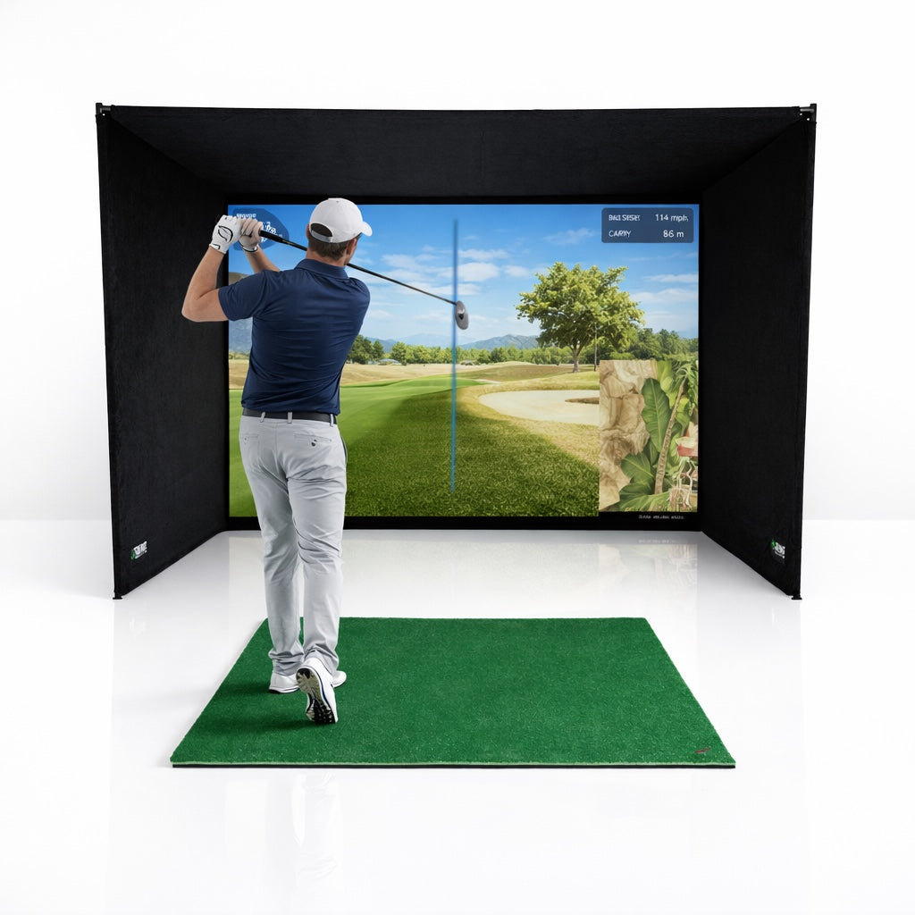 SimBox Golf Simulator Enclosure - 7 sizes, Pro + Impact Screen and Frame INCLUDES FREE SIDE BARRIERS GolfbaysUSA