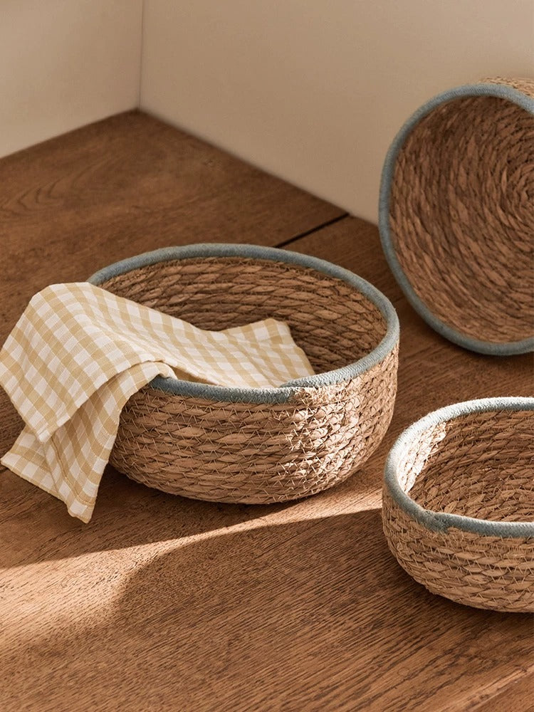 Blue-Trim Seagrass Storage Basket RusticReach