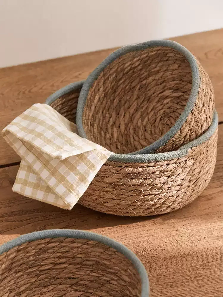 Blue-Trim Seagrass Storage Basket RusticReach